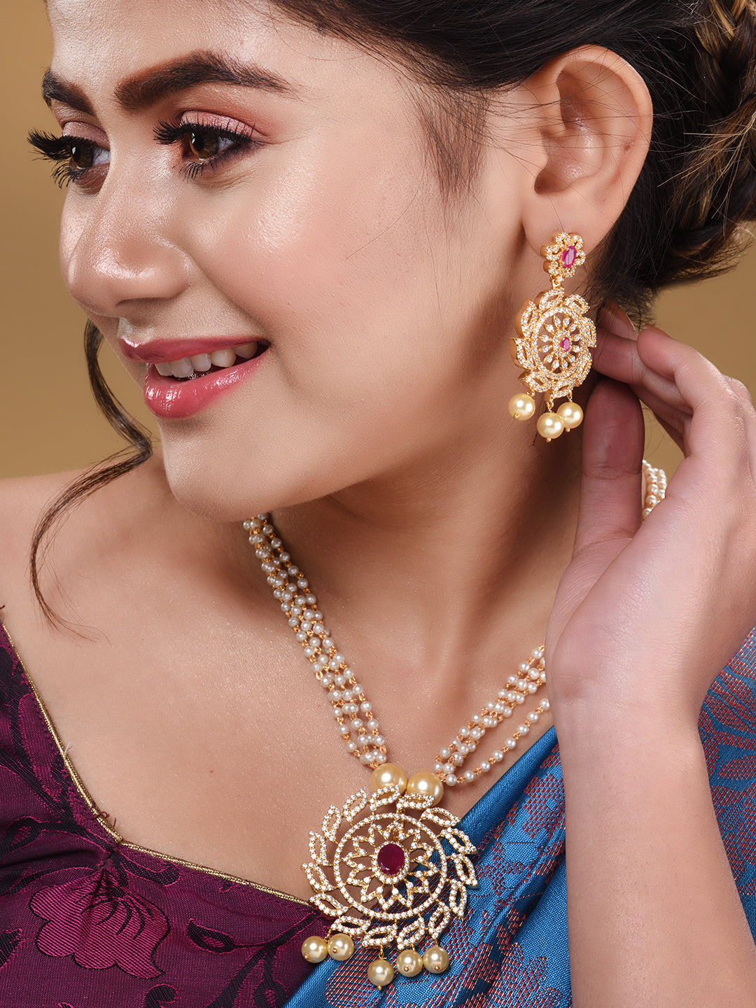 Gold Plated Multi AD Studded & Pearl Beaded traditional Pendant Jewellery Set